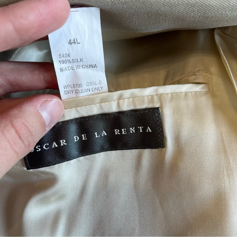 Oscar De‎ La Renta Men's 44L 100% Silk Sport Coat Beige Herringbone Blazer